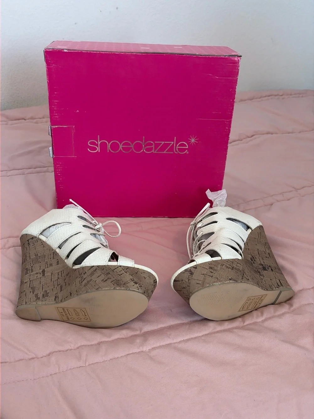 Shoe Dazzle White Lace-Up Cork Platform Wedges
