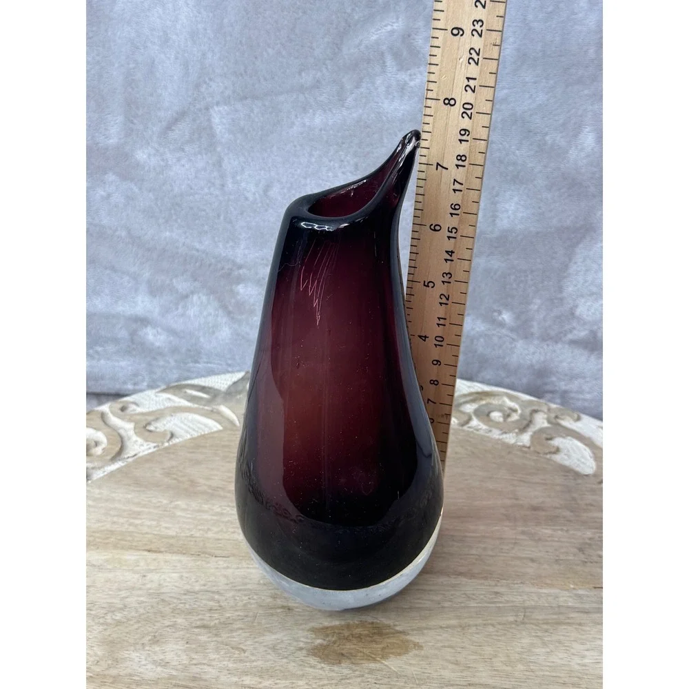Amethyst Purple Art Glass Vase Heavy Clear Base Asymmetrical Rim Teardrop 7.25in