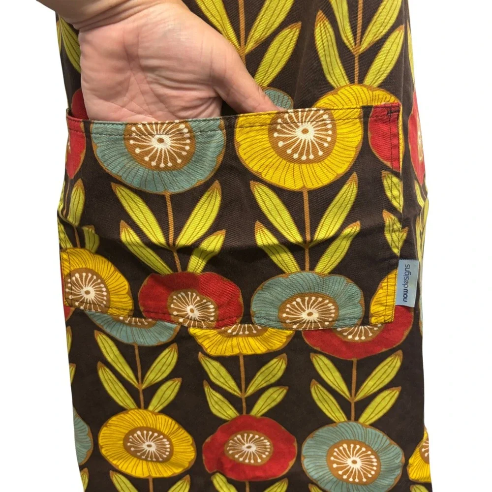 Now Designs Retro Floral Cotton Chef Apron Brown Red Yellow Blue MCM Pocket