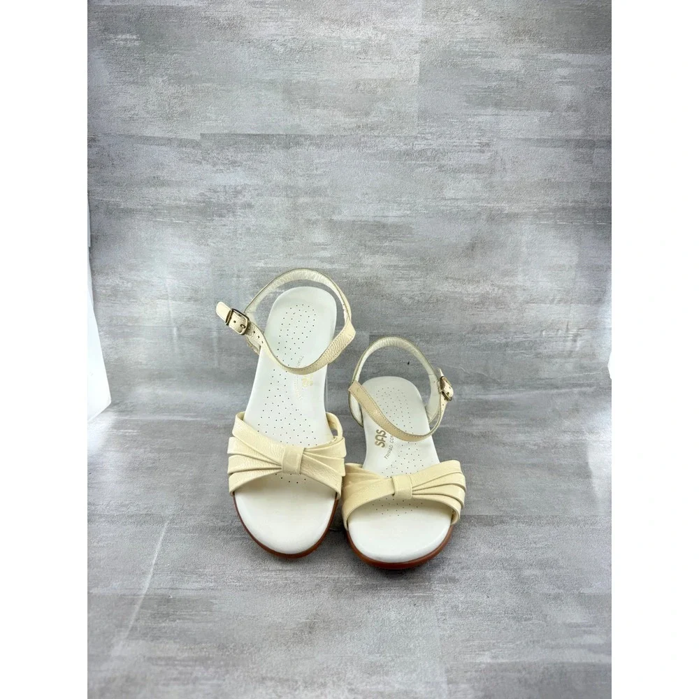 SAS Tripad Comfort Women Sz 6.5 M Cream Leather Wedge Sandals USA Bow Detail