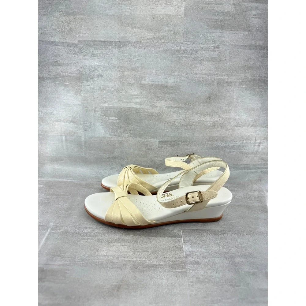 SAS Tripad Comfort Women Sz 6.5 M Cream Leather Wedge Sandals USA Bow Detail