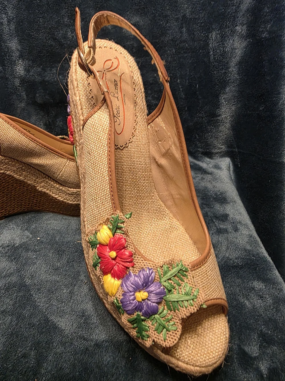 Poetic License Tan Espadrille Wedges with Red Purple Yellow Floral Embroidery