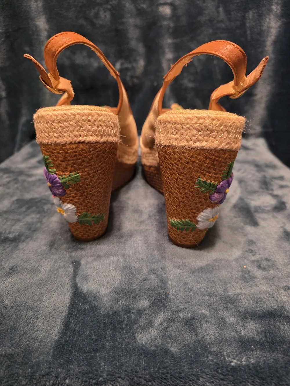 Poetic License Tan Espadrille Wedges with Red Purple Yellow Floral Embroidery
