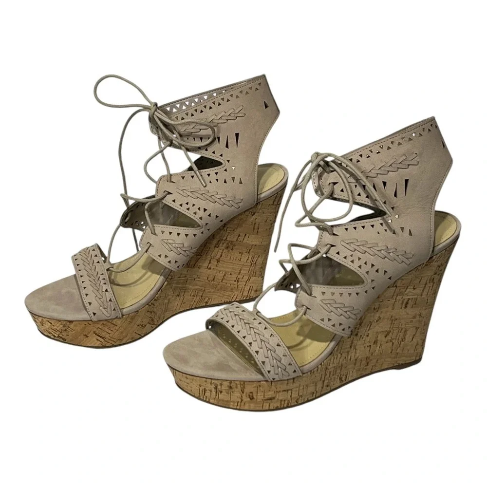 Marc Fisher Hosana Taupe Nubuck‎ Leather Lace Up Cork Wedge Sandals Womens 11M