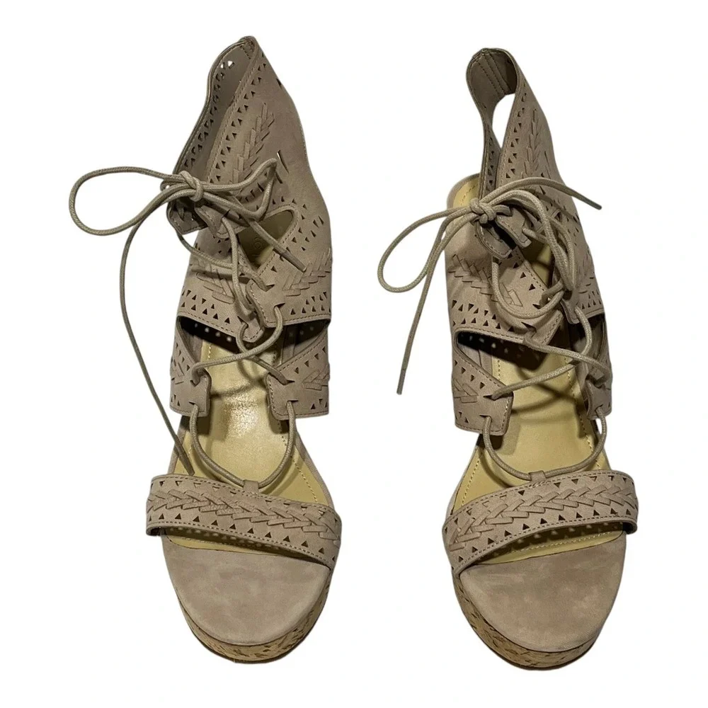 Marc Fisher Hosana Taupe Nubuck‎ Leather Lace Up Cork Wedge Sandals Womens 11M
