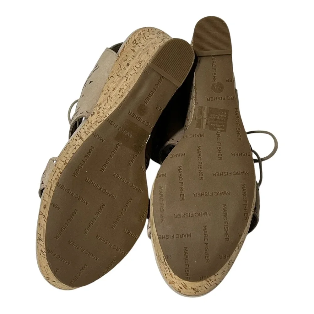 Marc Fisher Hosana Taupe Nubuck‎ Leather Lace Up Cork Wedge Sandals Womens 11M
