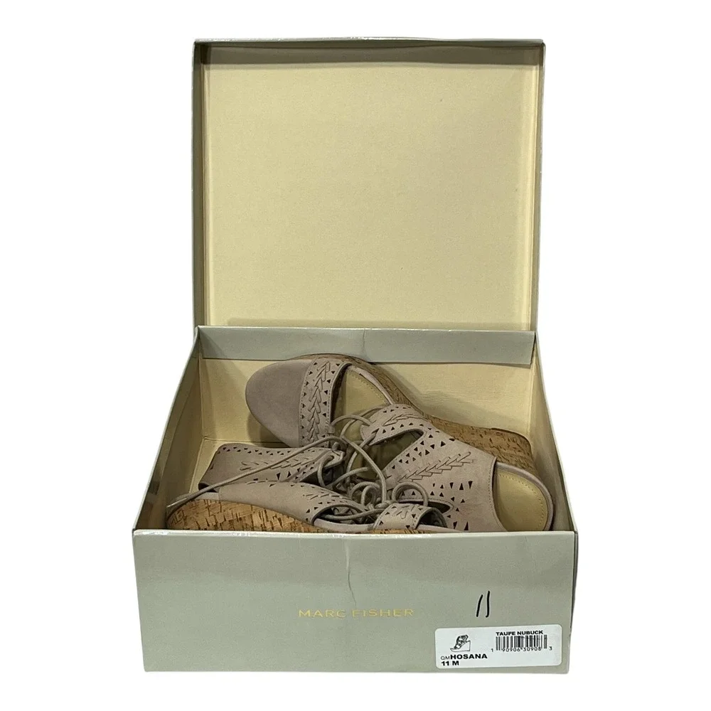 Marc Fisher Hosana Taupe Nubuck‎ Leather Lace Up Cork Wedge Sandals Womens 11M