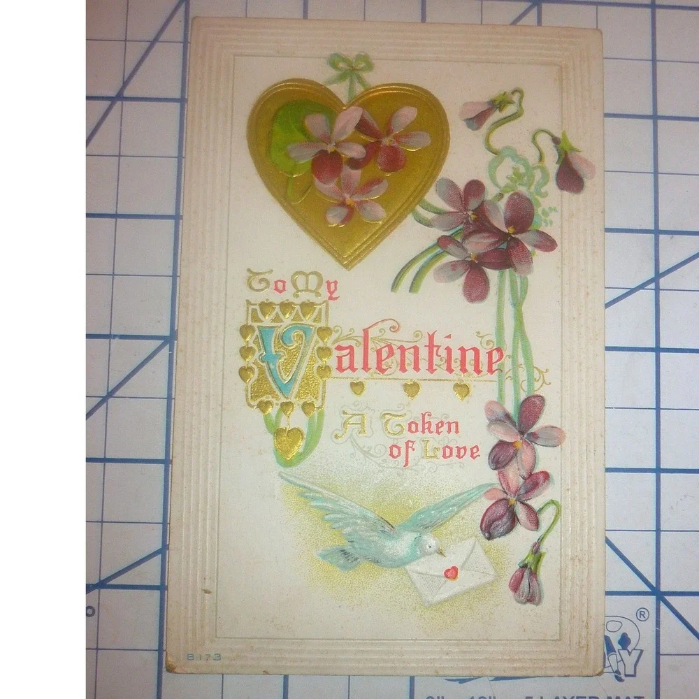 Antique 1910 Valentine Postcard Blue Bird Gold Heart Violets Embossed B.173