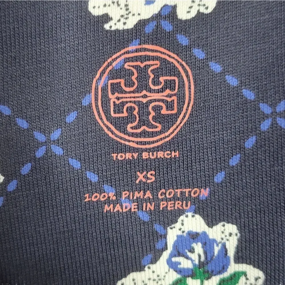 Tory Burch XS Navy Floral Border Print Pima Cotton Shift Mini Dress