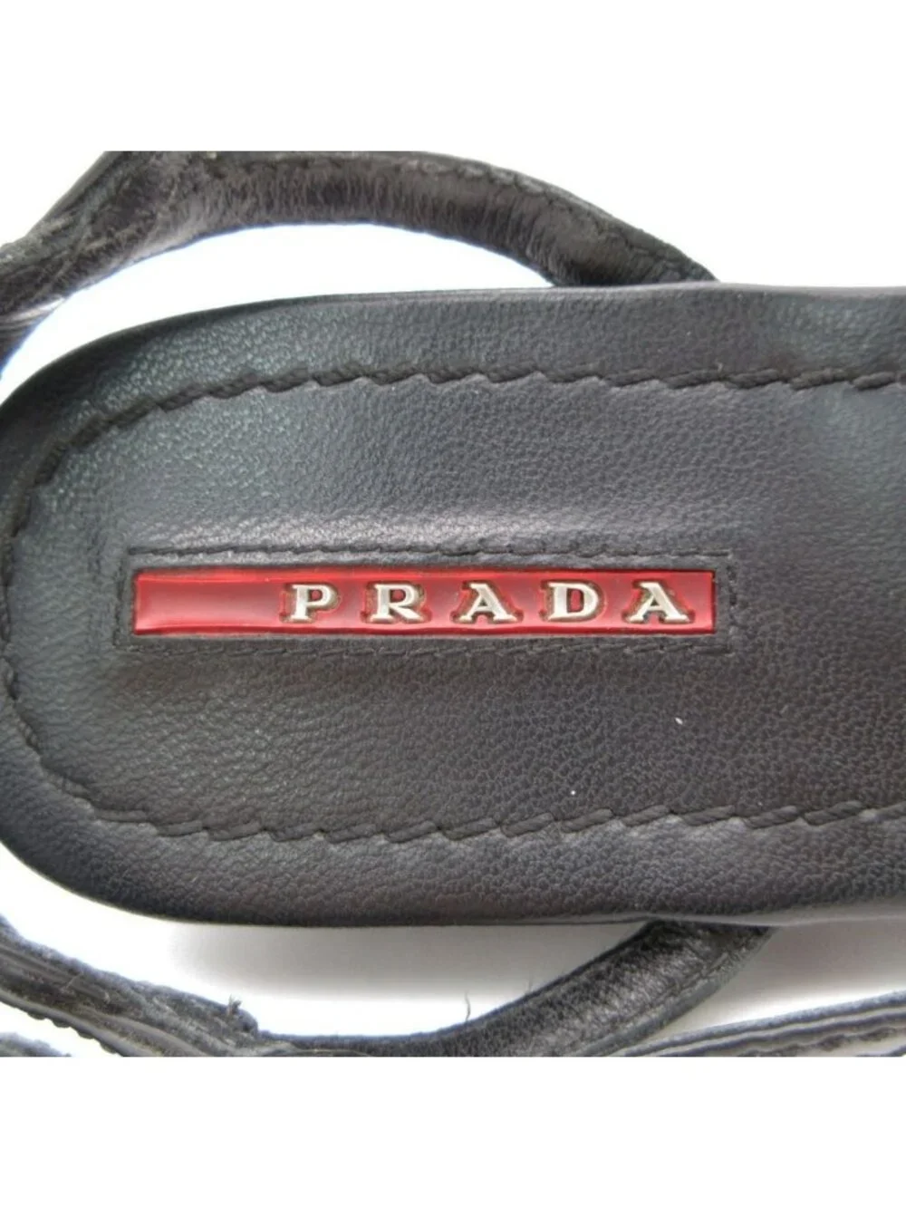 Prada Sandals Wedge Sole Ribbon Cross Strap Logo Patent Leather Black