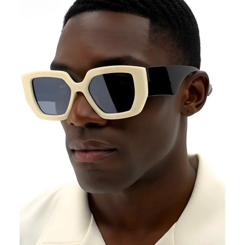 Square Sunglasses Cream Black Frame Oversized‎ Fashion Mens Shades Lentes Gafas