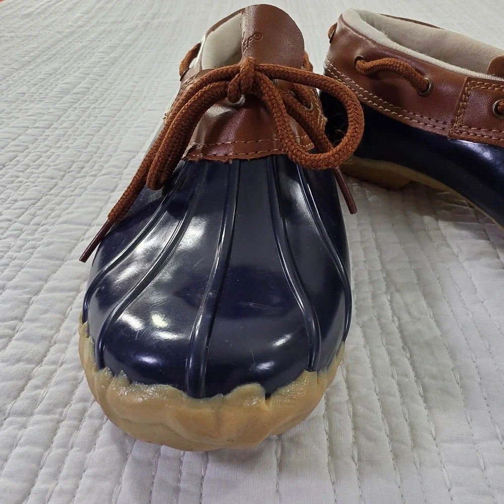 Western Chief Womens 8 One Eye Duck Rain Shoes Navy Brown Low Top Rubber Boots