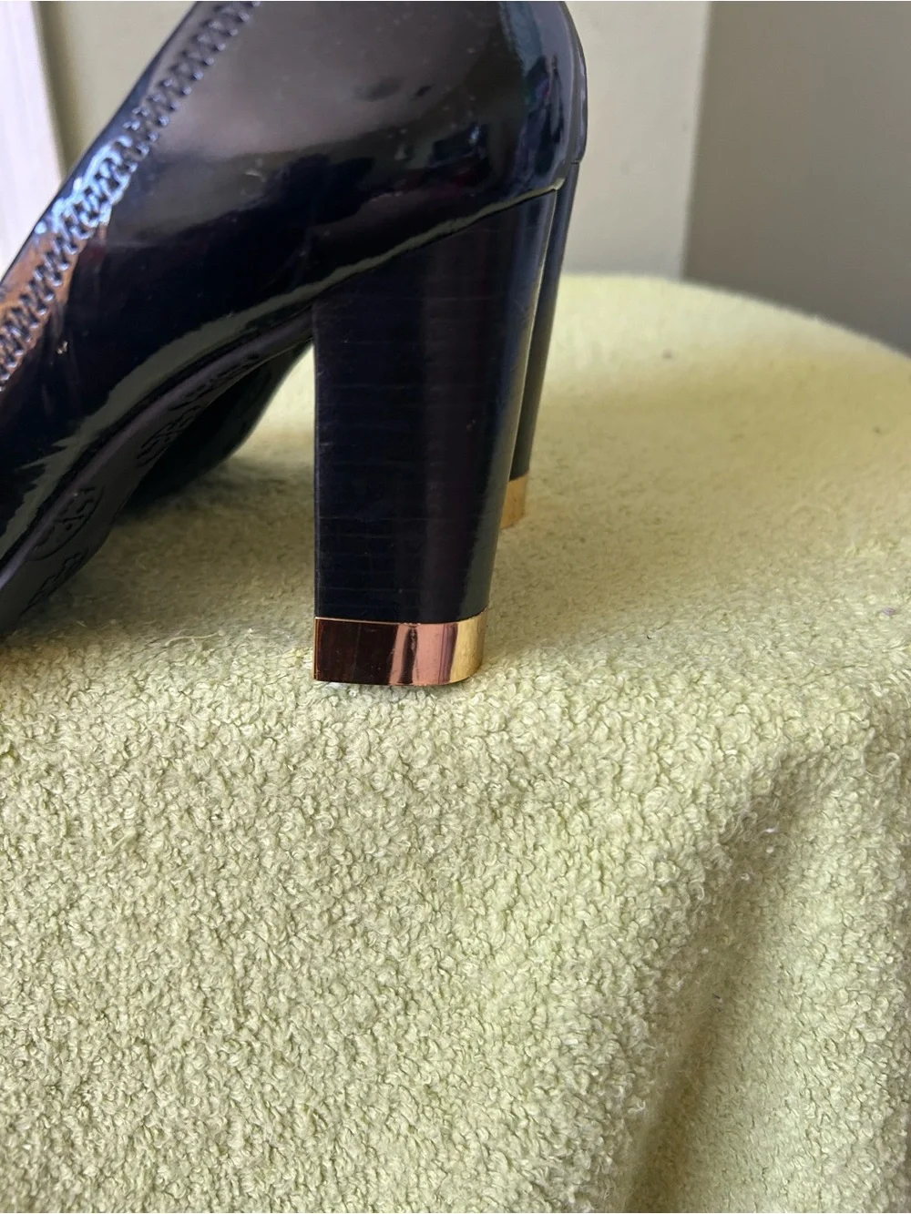 Tory Burch Black Patent Leather Block Heel Pumps with Gold Logo Accent