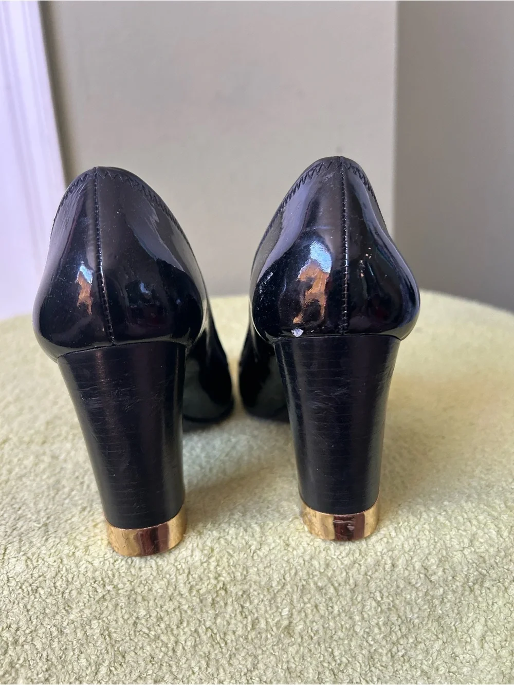 Tory Burch Black Patent Leather Block Heel Pumps with Gold Logo Accent