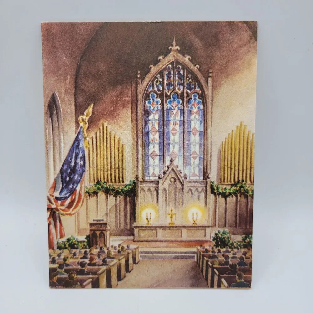 Vintage 1943 C.R. Gibson Christmas Greeting Card With Church Illustration & Vers