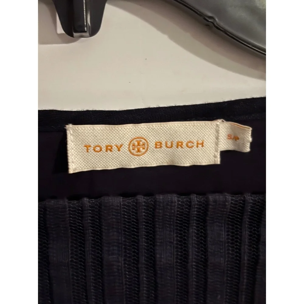 Tory Burch Navy Blue Sheer Leaf Pattern Pleated‎ Yoke 3/4 Sleeve Top Size S