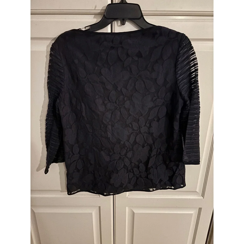 Tory Burch Navy Blue Sheer Leaf Pattern Pleated‎ Yoke 3/4 Sleeve Top Size S