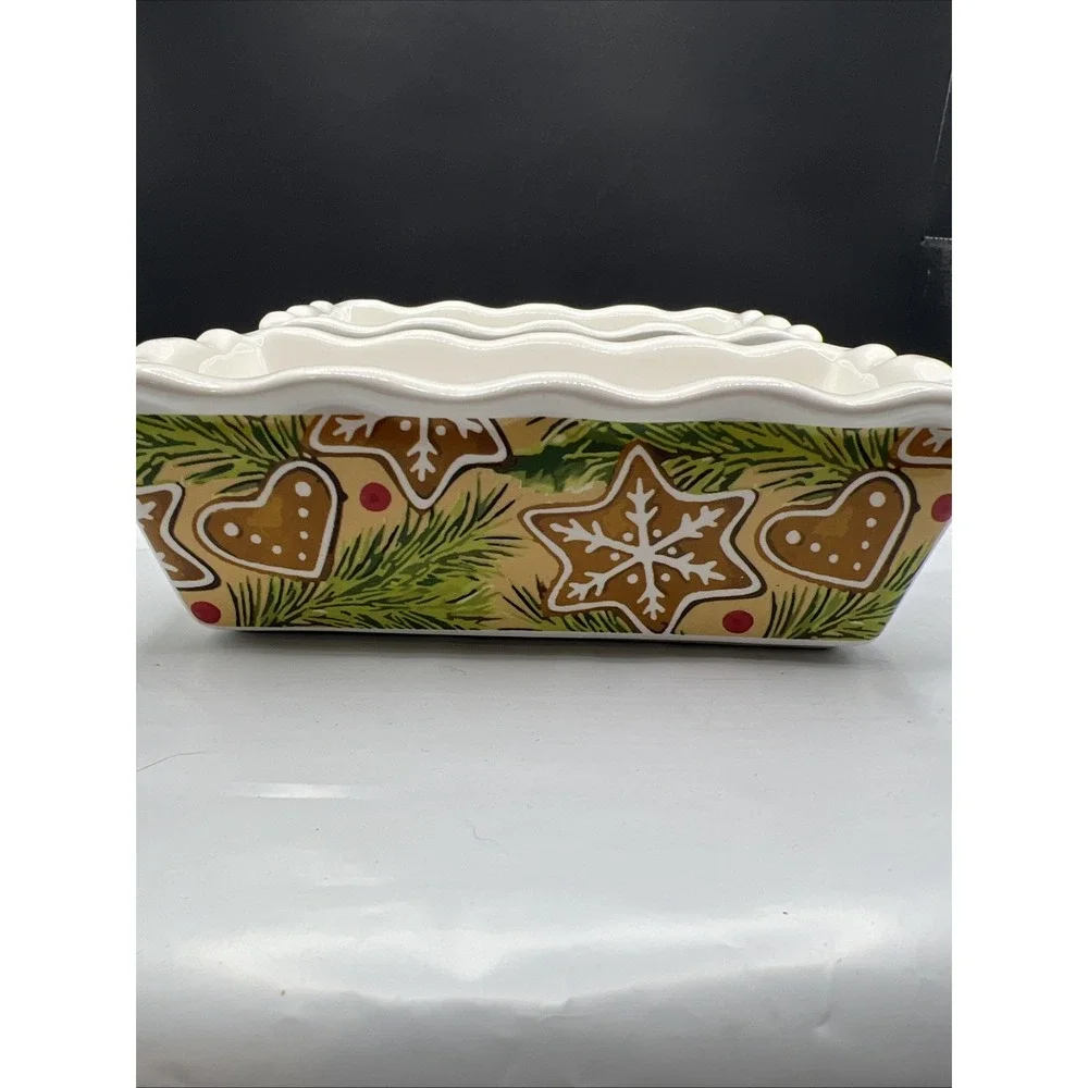 Vintage Old Time Pottery Christmas Gingerbread Mini Loaf Pan Baking Dishes Pair