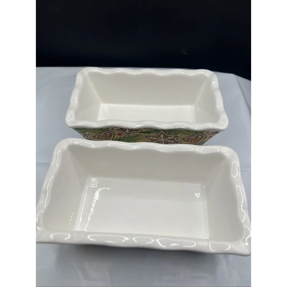 Vintage Old Time Pottery Christmas Gingerbread Mini Loaf Pan Baking Dishes Pair