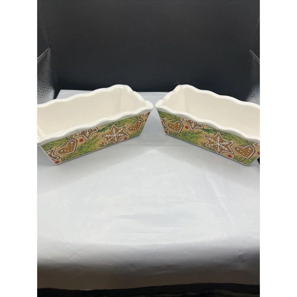 Vintage Old Time Pottery Christmas Gingerbread Mini Loaf Pan Baking Dishes Pair