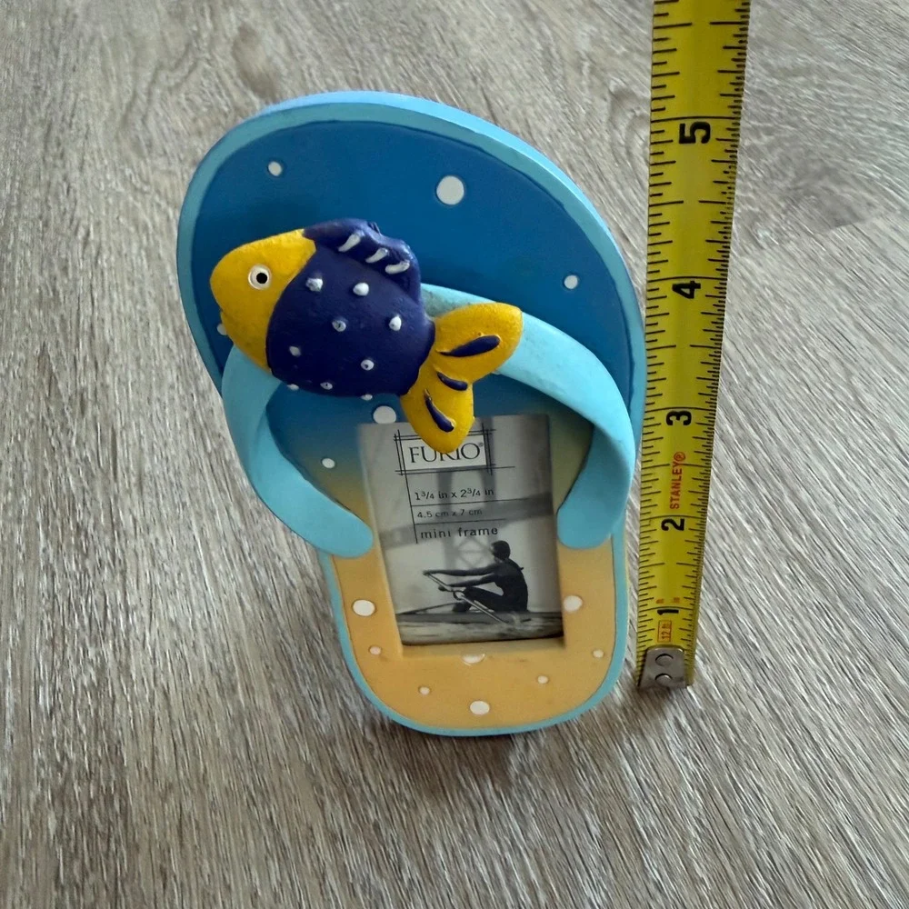 Furio Flip Flop Mini Picture Frame Blue Yellow Polka Dot 3D Fish Beach Decor 5in