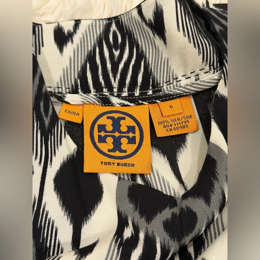 *AS‎ IS* Tory Burch Women’s 100% Silk Blouse Top 6 Black White Ikat Long Sleeve