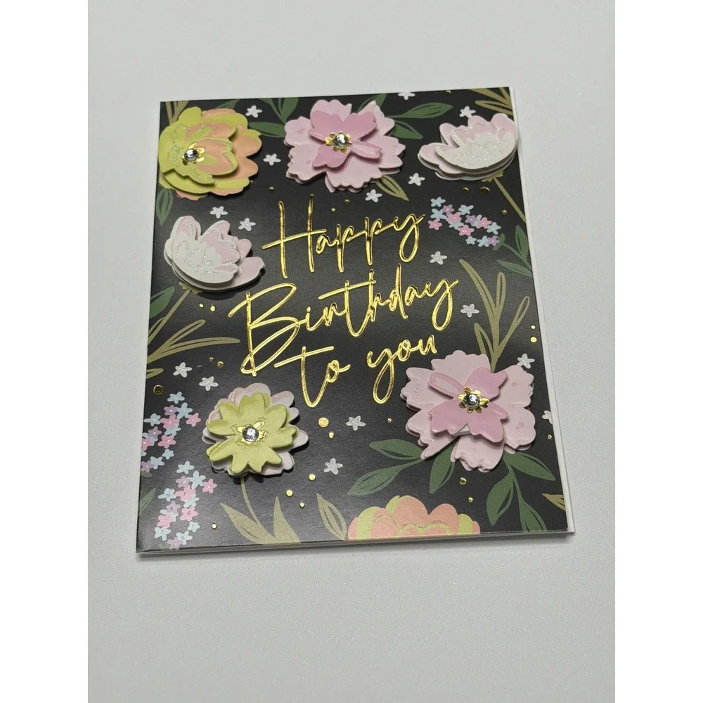 Handmade 3D Floral Happy‎ Birthday Card Gold Foil Rhinestone Botanical Blank