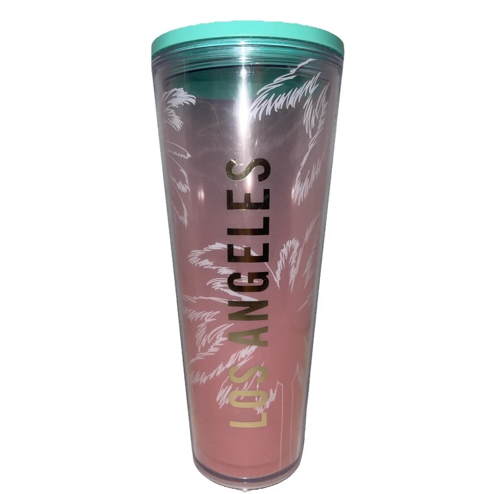 Starbucks Los Angeles Palm Pink Teal Venti Tumbler Cold Coffee Cup 24oz No Straw