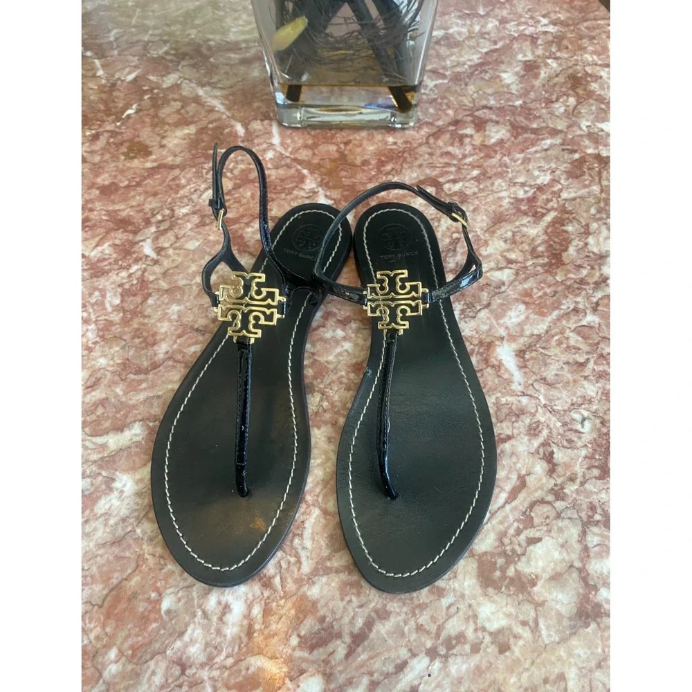 Tory Burch Melinda Black Leather Gold Logo Medallion Thong Sandal 9.5M EUC, $295