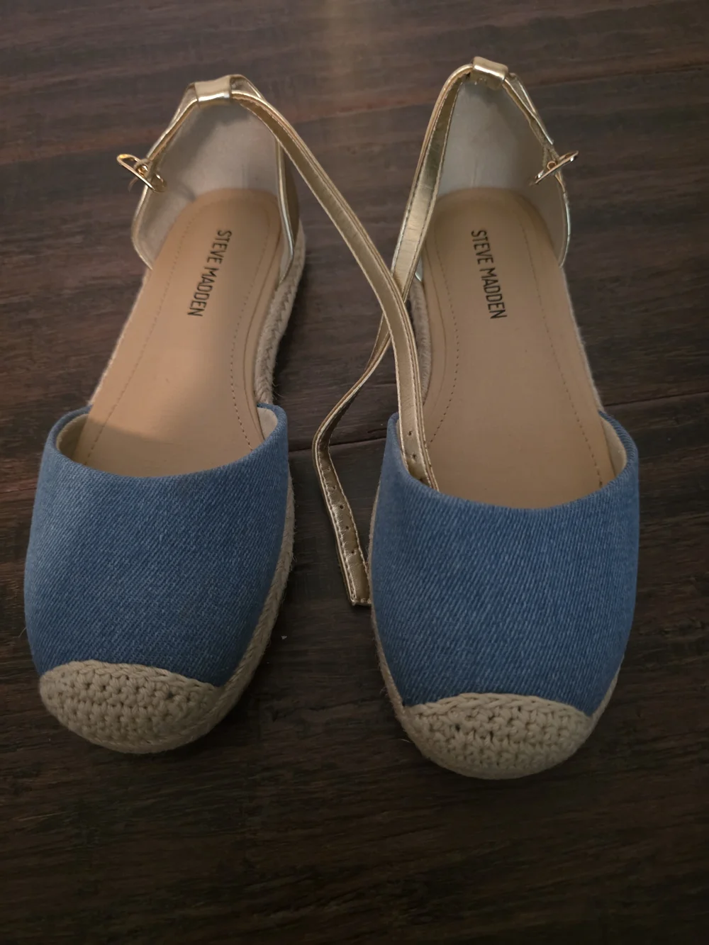 Steve Madden Blue Denim Espadrille Flats with Gold Ankle Straps