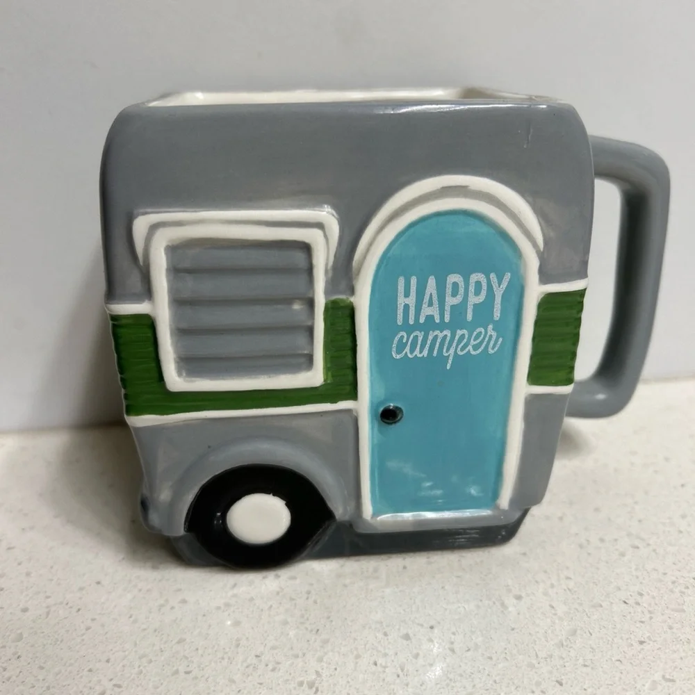 Happy Camper Gray and Blue Mug Planter