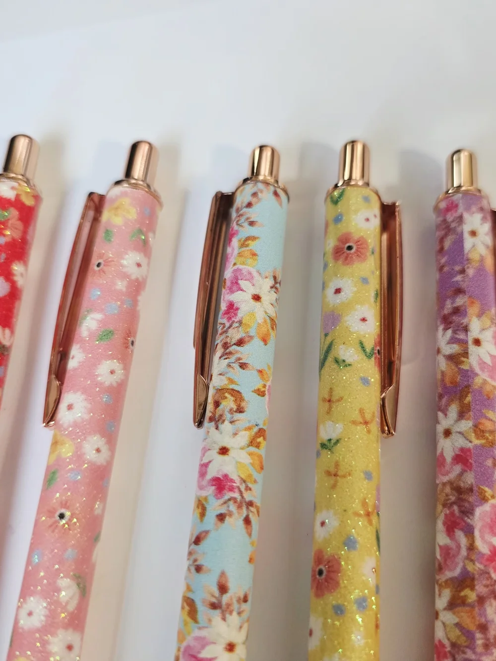 5 Pcs. Floral Ballpoint Push Pens- Multicolor with Rose‎ Gold Accents