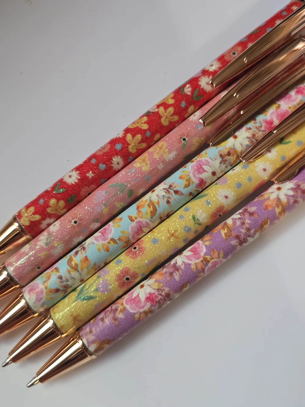 5 Pcs. Floral Ballpoint Push Pens- Multicolor with Rose‎ Gold Accents