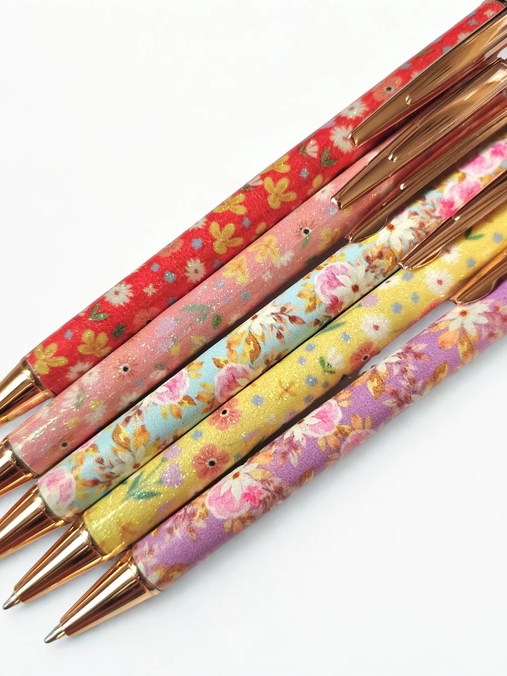5 Pcs. Floral Ballpoint Push Pens- Multicolor with Rose‎ Gold Accents