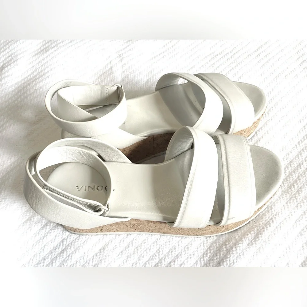 Vince Jet White Leather Cork Platform Valcro Ankle  Straps Size 5.5‎
