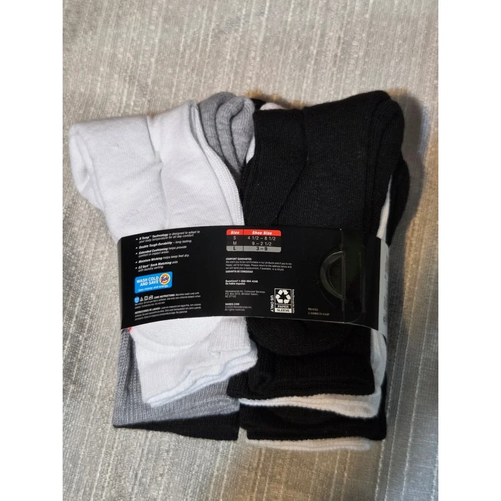 Hanes Premium Boys Crew Socks 10 Pair Pack X-Temp Cushion Black White Grey Large