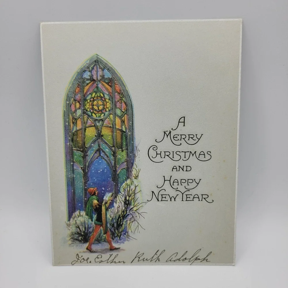 Vintage Merry Christmas Happy‎ New Year Stained Glass Greeting Card