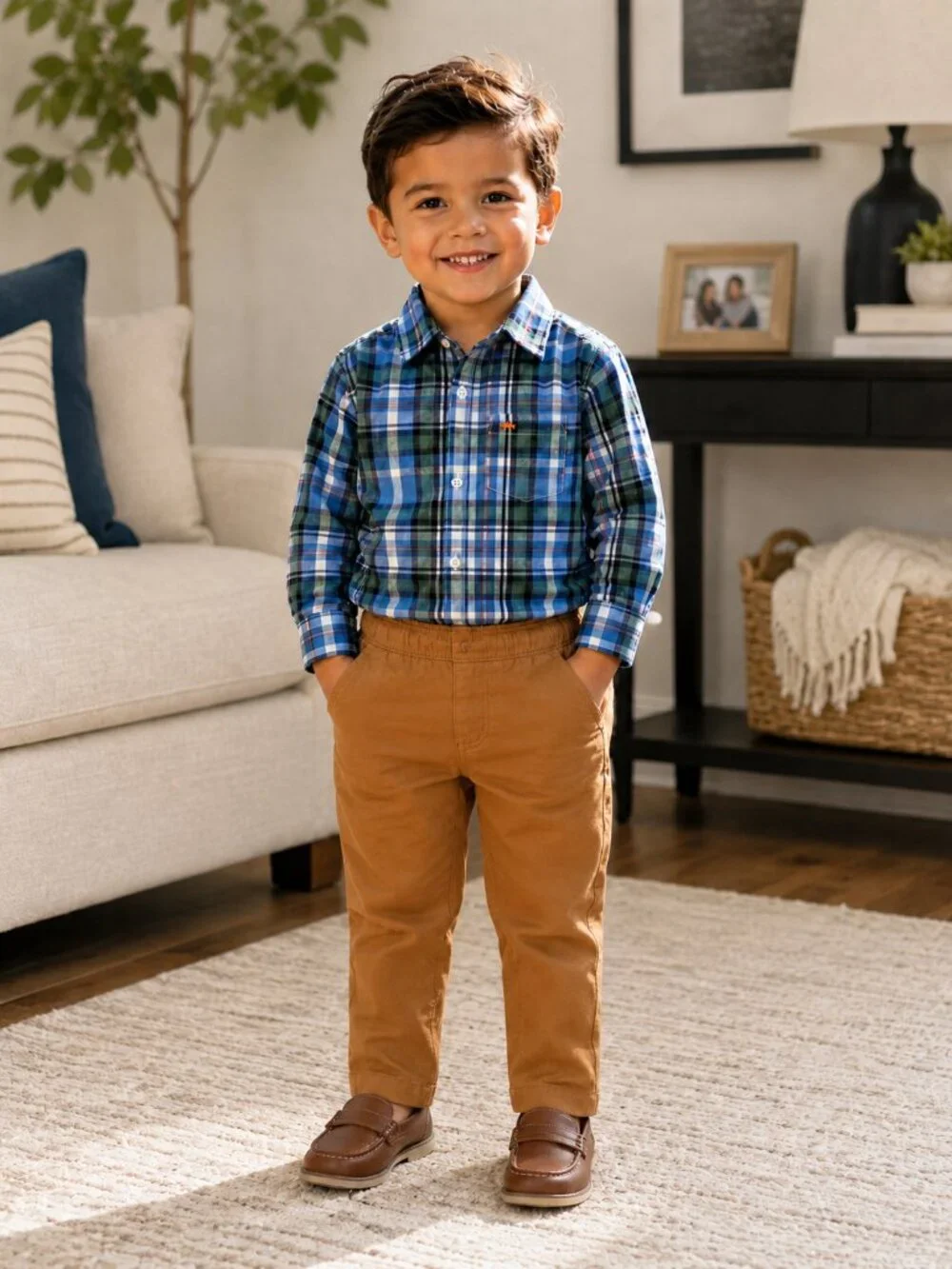 NWT Toddler Boy 2 Piece Outfit Set Size 3T Plaid Button Up Shirt & Tan Pants