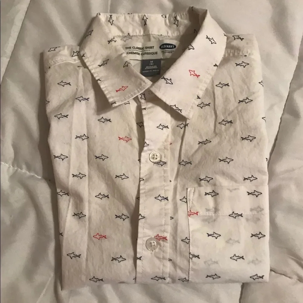 Old Navy Boy’s The Classic Shirt White Sharks All Over Button Down Shirt Sz 8