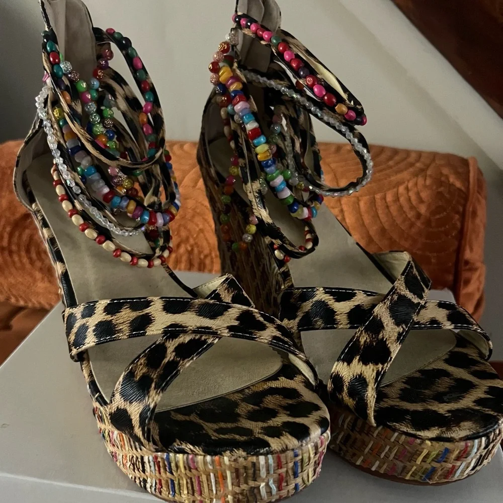 Leopard Print Beaded Ankle-Strap Wedge Sandals - Women