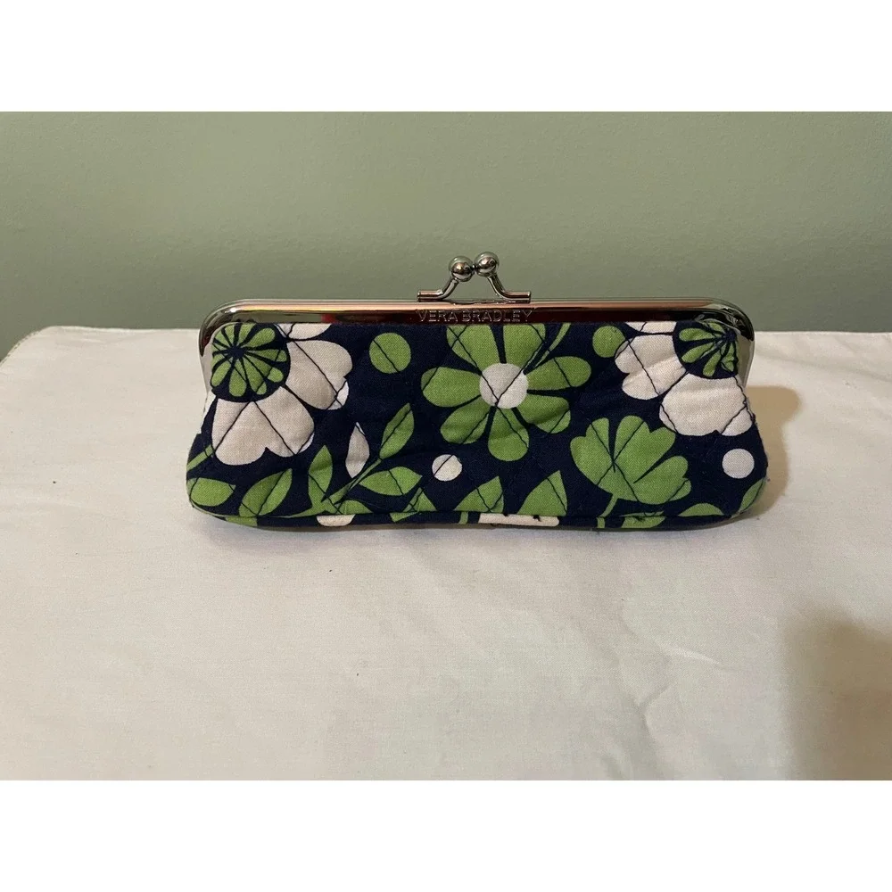 Vera Bradley Floral Quilted Kiss Lock Eyeglass Case Navy Green White