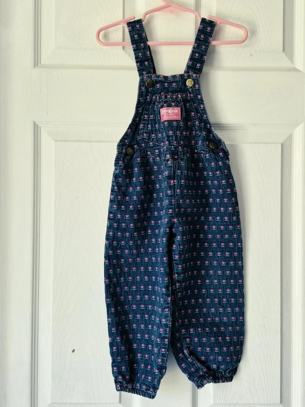 OshKosh B'gosh Dark Blue Denim Overalls with Pink Heart Print
