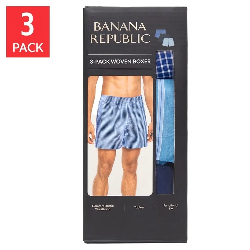 Banana Republic Woven Cotton Boxers Mens XL Blue Plaid Stripe Solid 3-Pack NIB