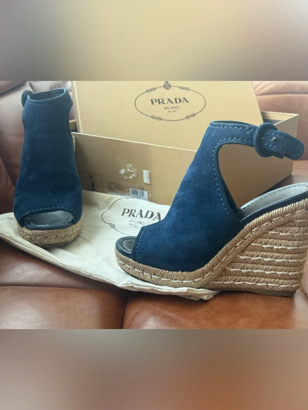 Prada Navy Suede Open-Toe Wedge Espadrilles