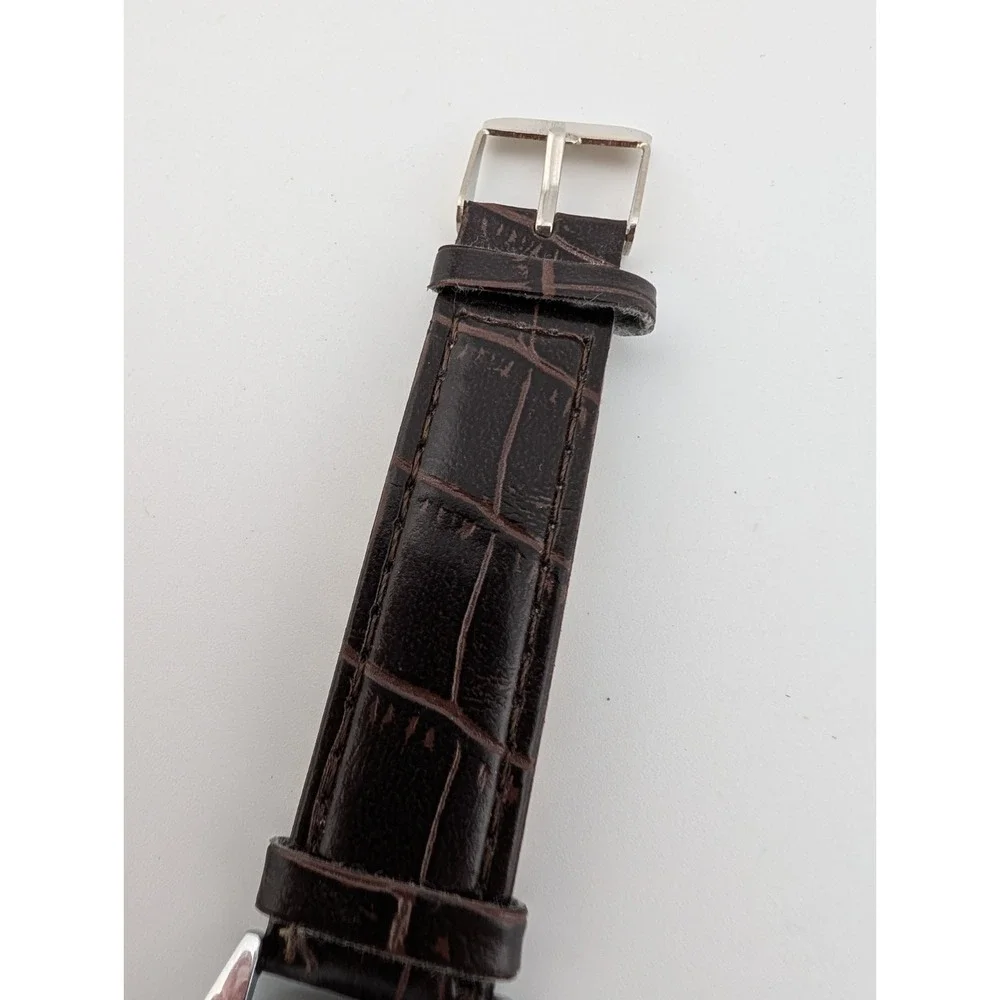 Unisex Quartz Watch Brown Faux Leather Band‎ 35mm Silver Case- New Battery