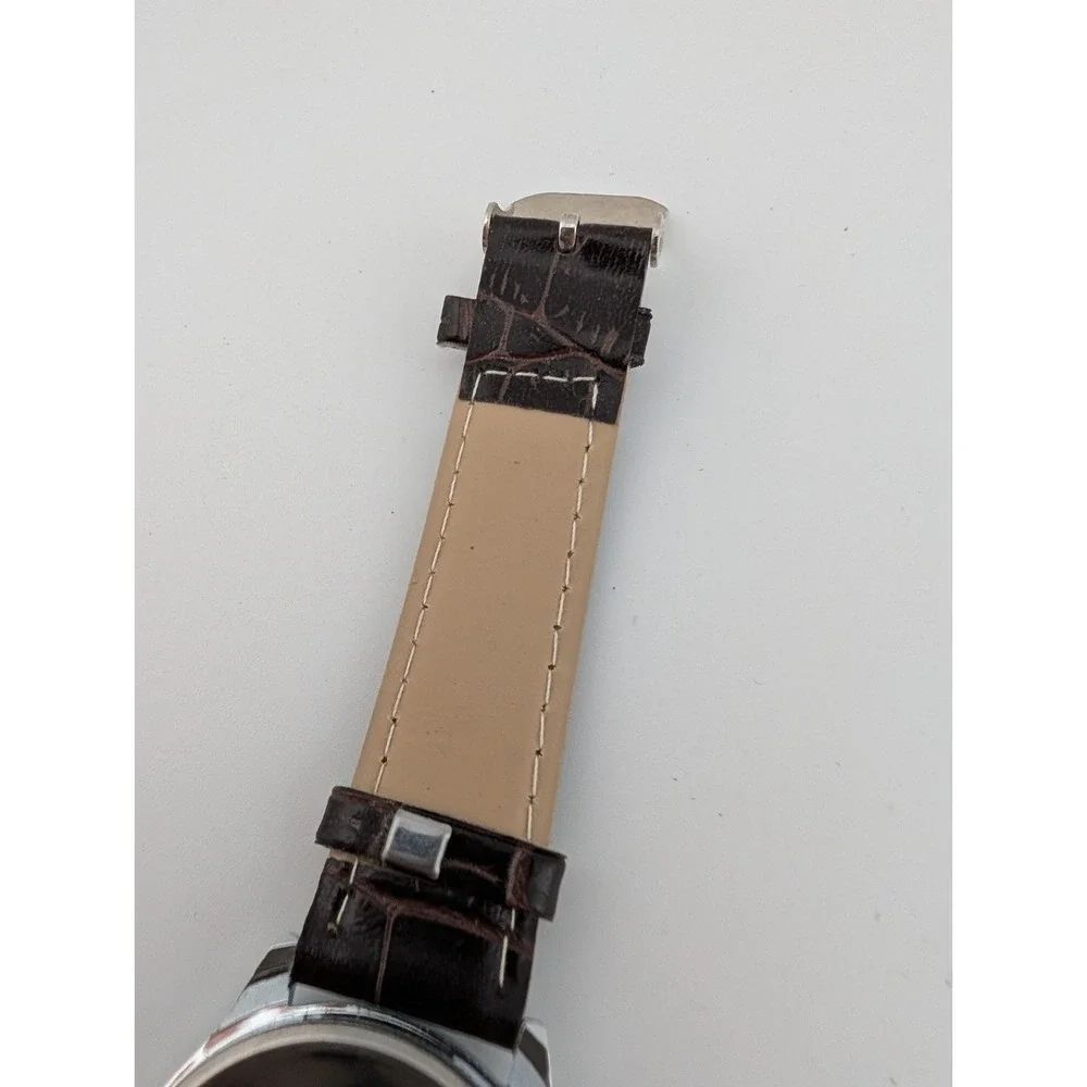 Unisex Quartz Watch Brown Faux Leather Band‎ 35mm Silver Case- New Battery