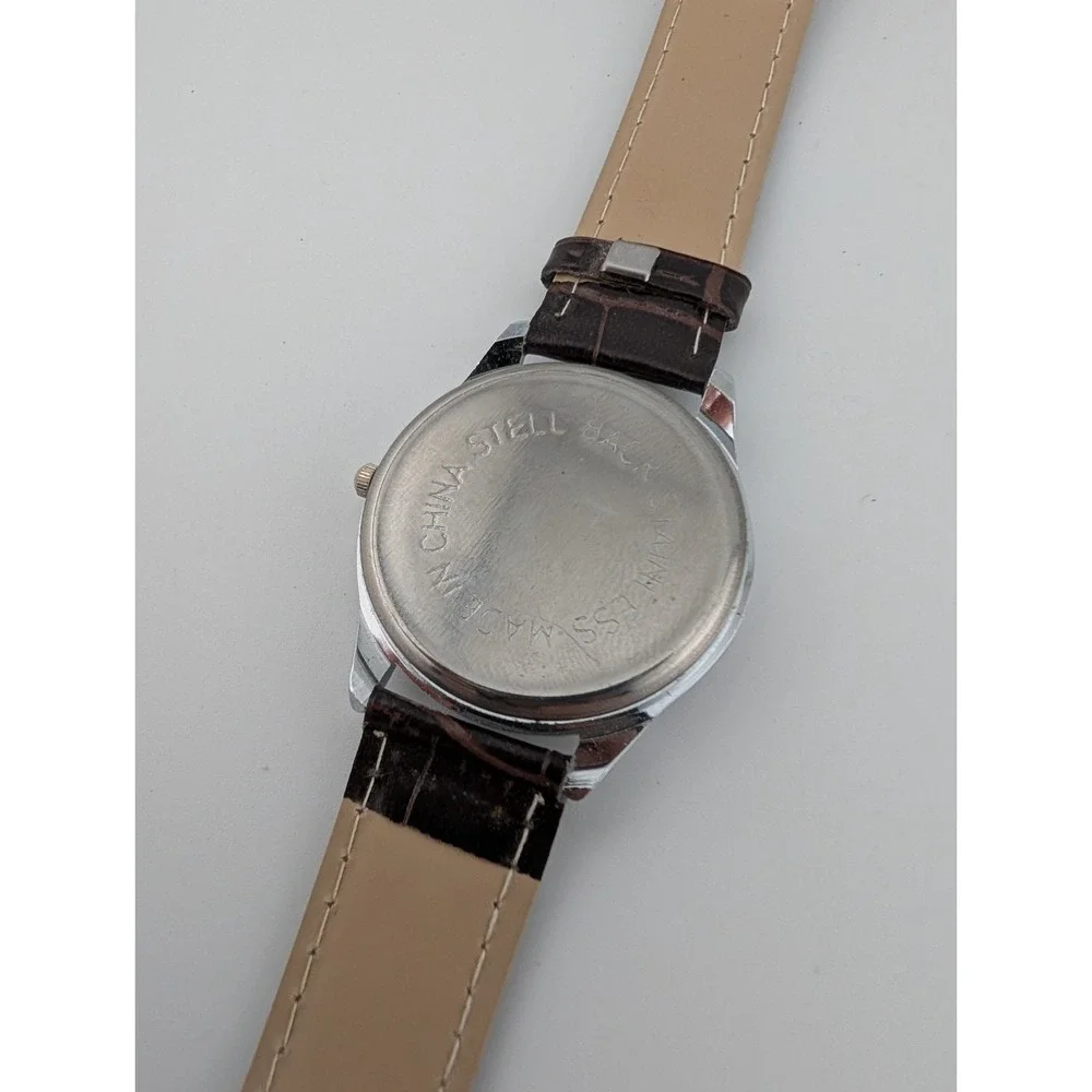 Unisex Quartz Watch Brown Faux Leather Band‎ 35mm Silver Case- New Battery