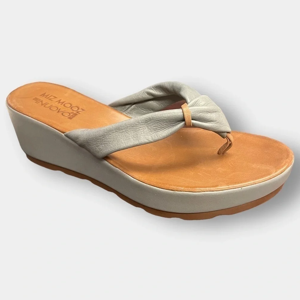 NEW Miz Mooz Inuovo Leather Wedge Blue Grey Brown Flip Flop Sandal Size 41
