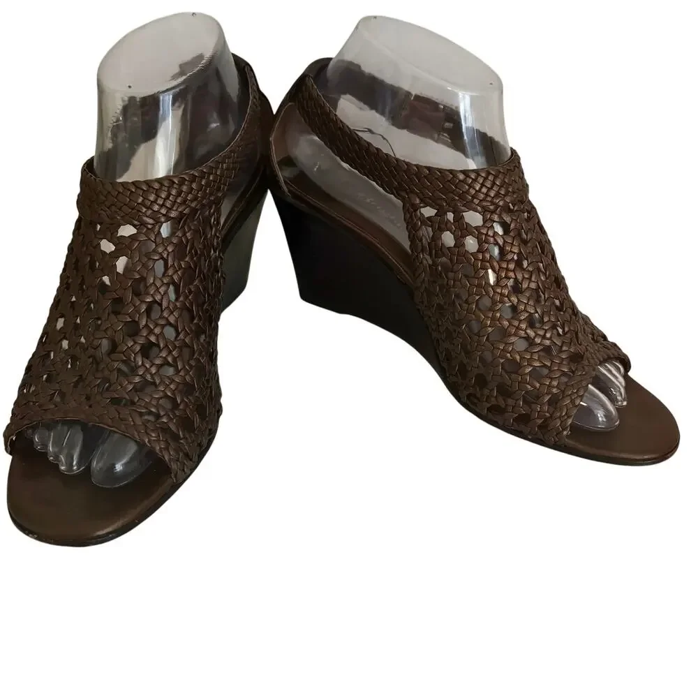 Brighton Realm Bronze Leather Woven Basketweave Wedge Sandals Feminine Boho