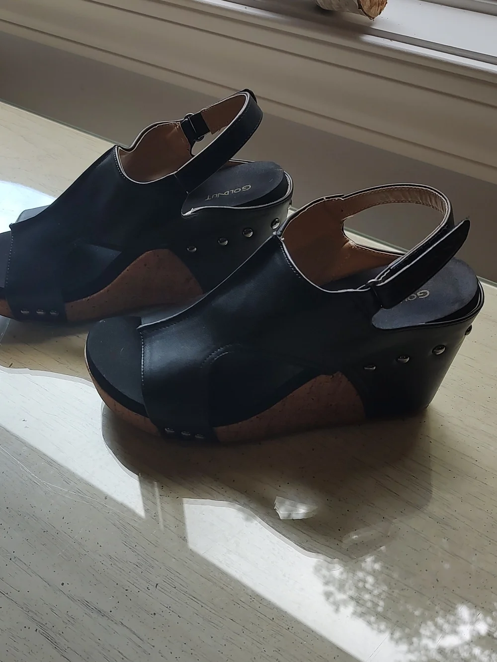Black Cork Wedge Sandals with Slingback Strap